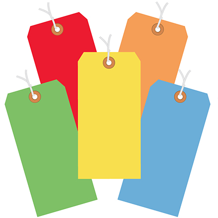 Five tags in varying colors that come pre-strung