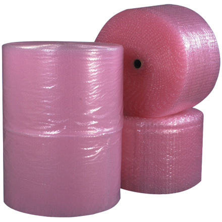 Large rolls of pink bubble wrap